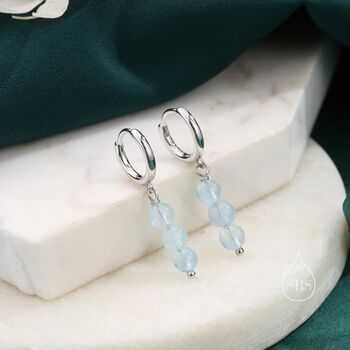 Sterling Silver Genuine Blue Chalcedony Stone Trio Huggie Hoop Earrings, 3 of 10