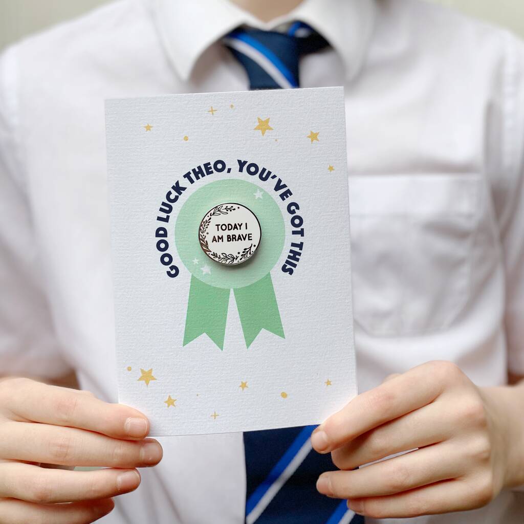Personalised Good Luck 'Today I Am' Pin Badge Card, 1 of 9