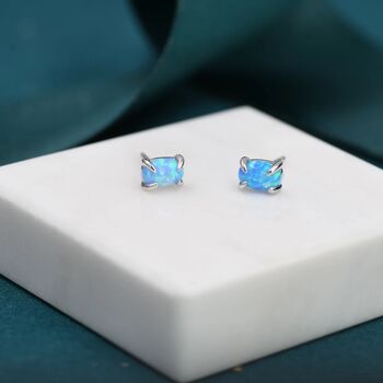 Blue Opal Oval Stud Earrings In Sterling Silver, 2 of 12