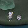 Sterling Silver Mismatched Astronaut And Planet Stud Earrings With Moonstone, thumbnail 1 of 10