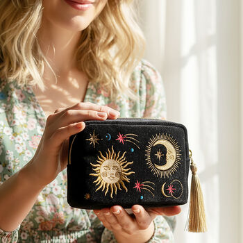 Personalised Velvet Travel Make Up Bag With Green Glitter Name – Embroidered Sun, Moon And Stars, 2 of 10