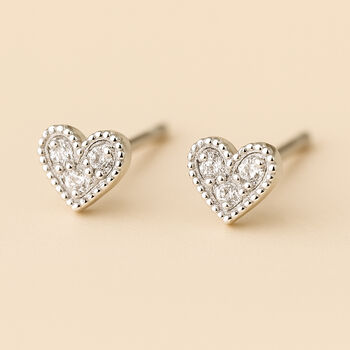 Sterling Silver Cz Heart Mini Stud Earrings, 2 of 7