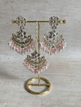 Pink Gold Plated Kundan Pearl Earrings And Tikka Set, 2 of 4