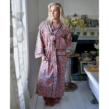 Block Printed Apricot, Navy And Persian Red Floral Cotton Dressing Gown, 2 of 8