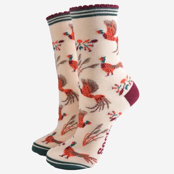 Women's Bamboo Socks Cream Woodland Pheasant, 2 of 5