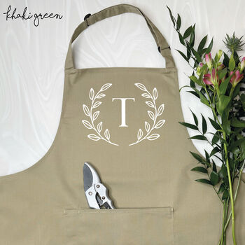 Olive Leaf Gardening Apron Personalised With Initial, 5 of 5