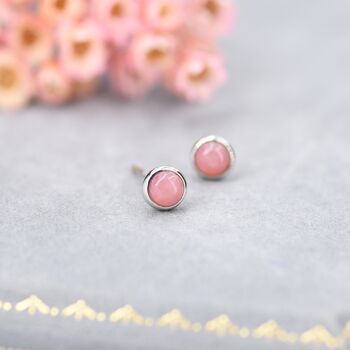 Sterling Silver Genuine Pink Opal Tiny Stud Earrings, 2 of 12