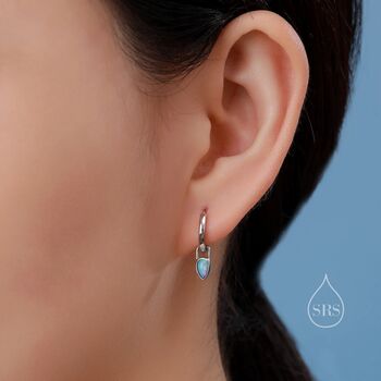Blue Opal Dagger Huggie Hoop Earrings Sterling Silver, 8 of 11