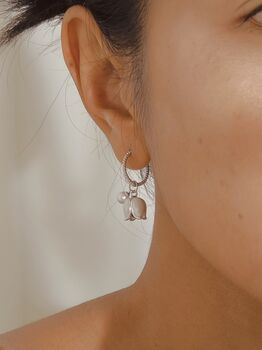 White Enamel Lily And Pearl Huggie Hoop Earrings, 2 of 7
