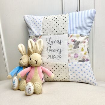 Personalised Blue And Grey Bunny Name Cushion, 6 of 10