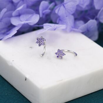 Sterling Silver Amethyst Purple Flower Huggie Hoop Earrings, 8 of 12