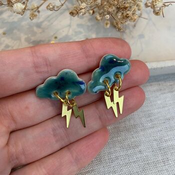 Ceramic Cloud Stud Statemant Earrings Lightning Bolt, 3 of 9
