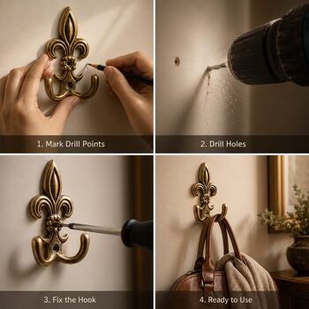 Vintage Brass Fleur De Lis Wall Hooks Set Of Two, 4 of 9