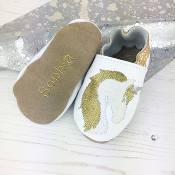 Personalised Metallic Unicorn Baby Shoes, 2 of 5