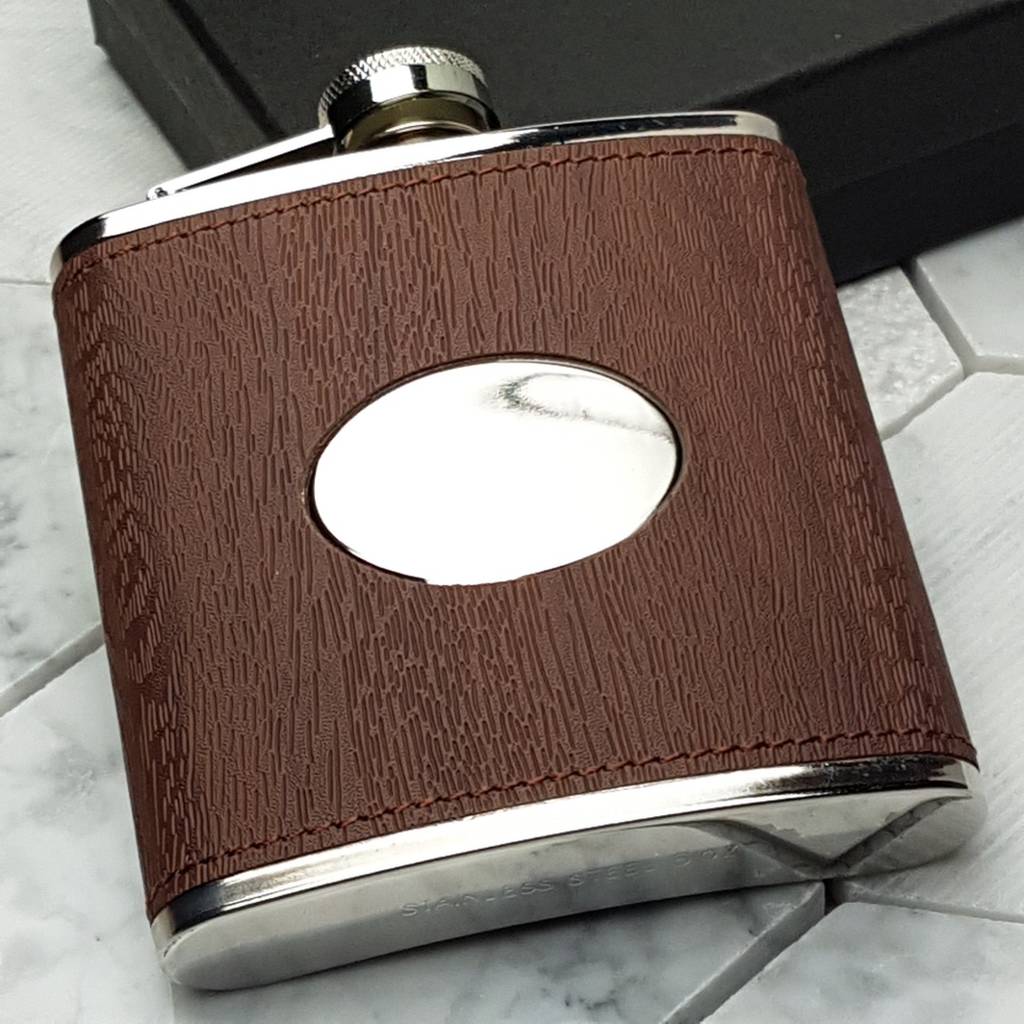 Personalised Leather Hip Flask With Wood Texture Detail, 1 of 8