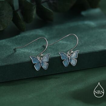 Sterling Silver Blue Butterfly Enamel Drop Hook Earrings, 5 of 10