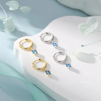 Very Tiny Rhombus Aquamarine Blue Cz Huggie Hoop In Sterling Silver, 4 of 12