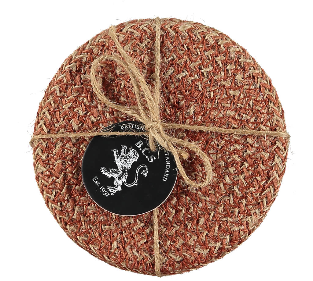 set of four hand woven jute coasters by british colour standard
