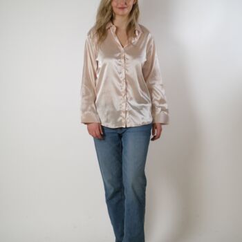 Beige Silk Satin Plain Long Sleeve Loose Shirt, 4 of 6