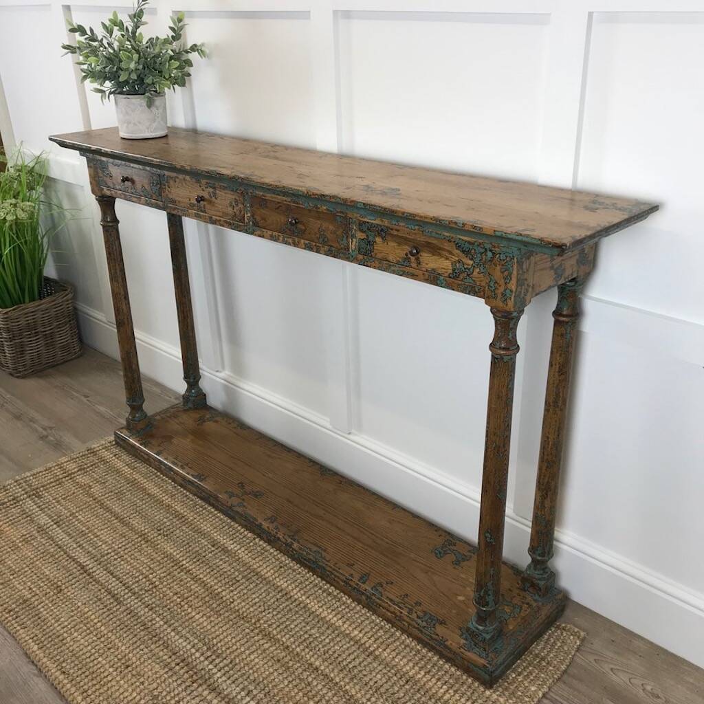 Slim Oak Console Table With Teal Paint Distressed