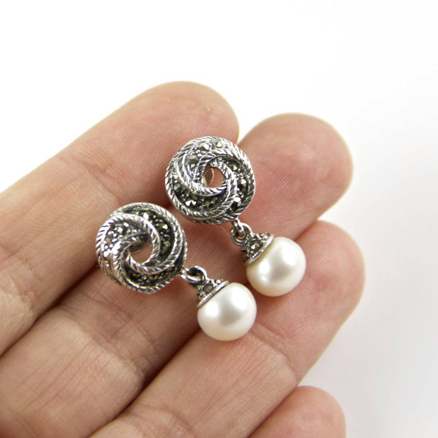 marcasite swirl knot and pearl earrings by gama weddings
