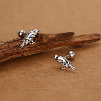 Sterling Silver Crow Bird 18 G Screw Back Stud Earrings, 2 of 10