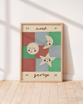 Personalised Illustrated Name Print With Moons And Stars And Patchwork, 2 of 11