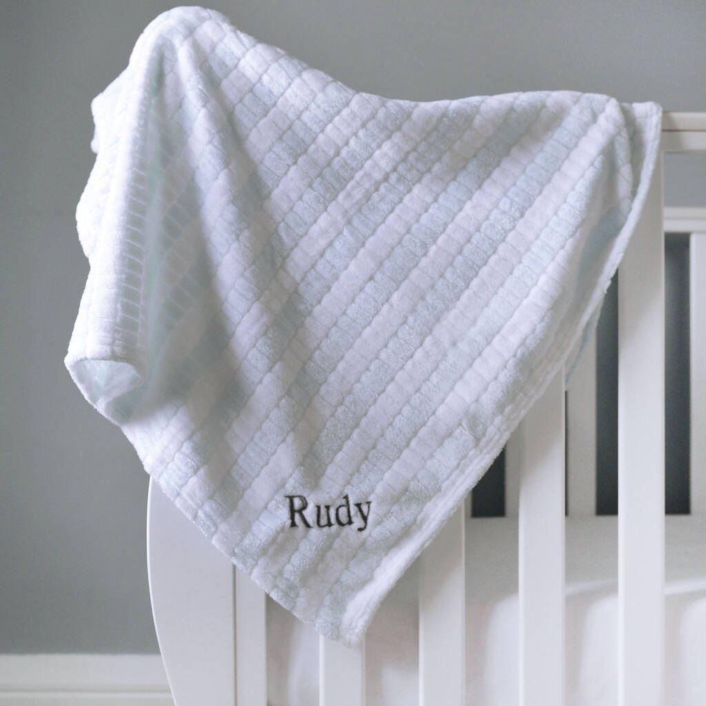 Personalised Soft Blue And White Jacquard Baby Blanket By A Type Of Design