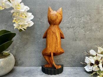 32cm Handcarved One Leg Yoga Cat Wooden Ornament Gift, 4 of 12