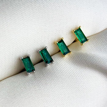 Sterling Silver Emerald Cut Green Crystal Stud Earrings, 2 of 5