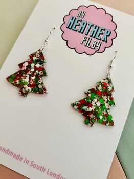 White, Red And Green Glitter Christmas Tree Resin Earrings / Traditional Christmas Gift / Secret Santa Gift, 5 of 9