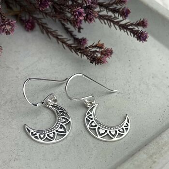 Sterling Silver Mandala Moon Earrings, 2 of 7