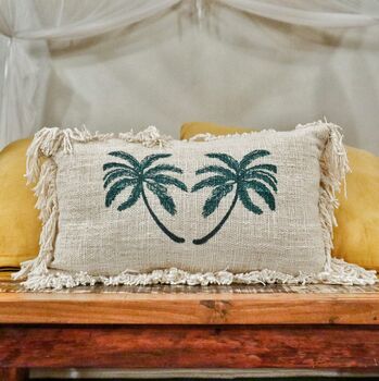Linen Cushion 30x50cm Palm Tree With Fringe, 3 of 5