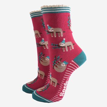 Women's Bamboo Socks Berry Christmas Sloth, 2 of 5