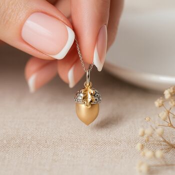 Personalised Sterling Silver And Gold Acorn Pendant Necklace With Leaf, 2 of 11