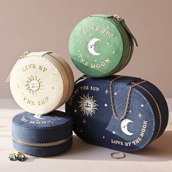 Sun And Moon Embroidered Oval Jewellery Case In Navy, 4 of 4