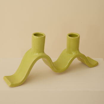Handmade Chartreuse Wavy Ceramic Candelabra For Two Candles, 4 of 6