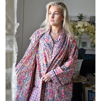Block Printed Apricot, Navy And Persian Red Floral Cotton Dressing Gown, 3 of 8