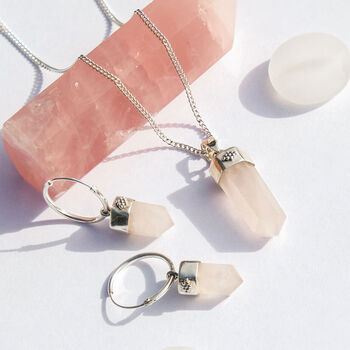 Open Heart Rose Quartz Crystal Silver Pendant Necklace, 5 of 9