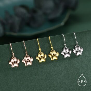Sterling Silver Paw Print Drop Hook Earrings, 2 of 11