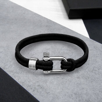 Personalised Men's Nautical Double Strand D Shackle And Black Rope Bracelet, 2 of 6
