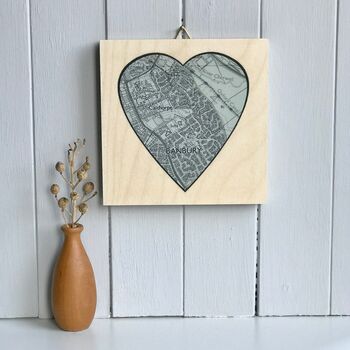Heart Shaped Map Printed On Wood For 5th Wedding, 6 of 11
