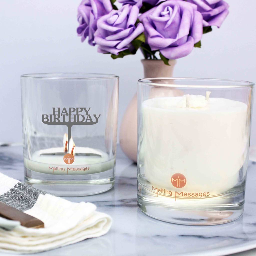 'happy birthday' hidden message scented candle by melting messages