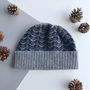 Mens Grey And Navy Knitted Lambswool Beanie Hat, thumbnail 3 of 6