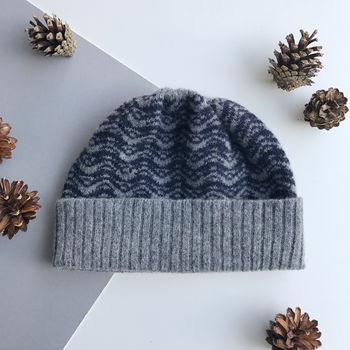 Mens Grey And Navy Knitted Lambswool Beanie Hat, 3 of 6