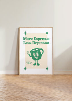 Retro Cartoon Coffee More Espresso Less Depresso Print, 9 of 10