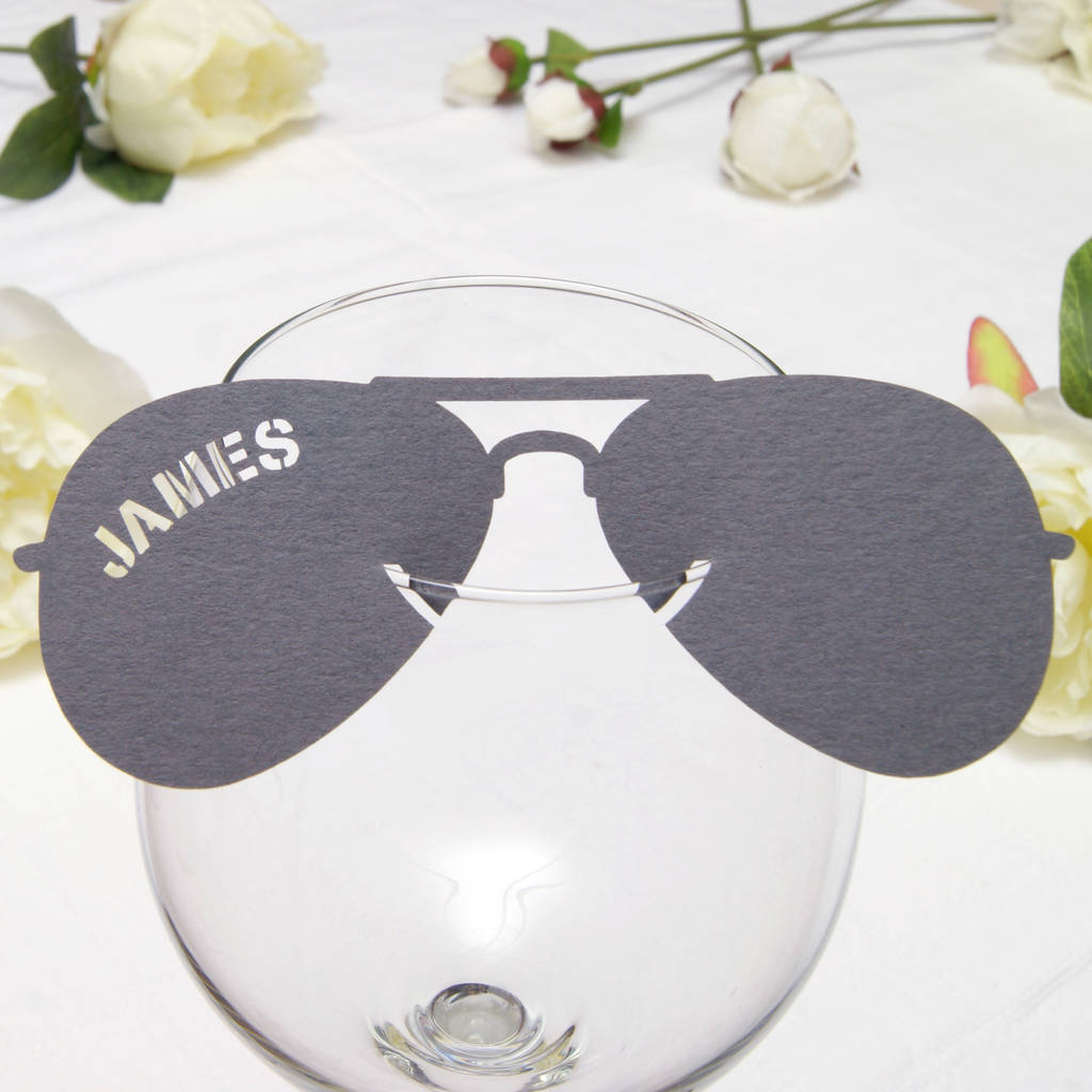 Personalised Aviator Sunglasses Wine Glass Place Card By Urban Twist