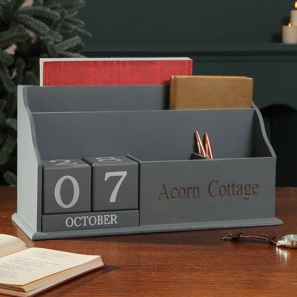 personalised grey desk tidy with calendar by dibor | notonthehighstreet.com