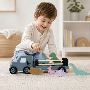 Personalised Wooden Dinosaur Jeep Toy With Trailer And Dinosaurs, 3 of 5