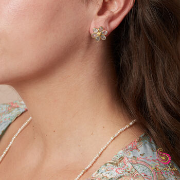 Blue Topaz Flower Gold Plated Silver Stud Earrings, 2 of 11